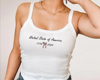 Embroidered United State of America Spaghetti Strap Tank, Independence Day, USA America 250th anniversary, America's Semiquincentennial