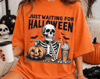 Vintage Just Waiting For Halloween Shirt, Retro Skeleton Pumpkin Coffee Sweatshirt , Retro Spooky Season Shirt, Halloween Gift
