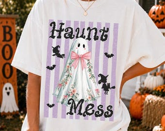 Comfort Colors Haunt Mess Ghost Shirt, Funny Halloween Shirt, Preppy Striped Halloween Shirt, Spooky Season Shirt, Trendy Halloween Vibes