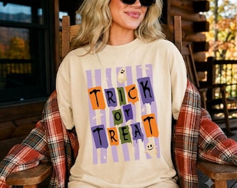 Comfort Colors® Trick or Treat Shirt, Preppy Halloween Tee, Trendy Ghost Pumpkin Shirt, Spooky Season T-Shirt, Trendy Halloween Graphic Tee
