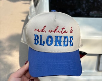 Red white and blonde hat Embroidery 2-tone Hat, Blue/Red And Natural Baseball Hat, Trucker Hat, Custom Color