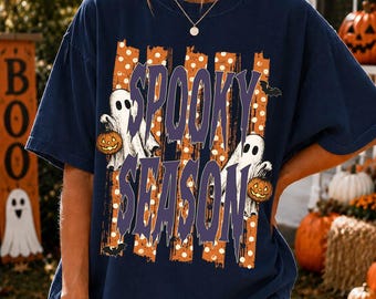 Comfort Color Spooky Season Shirt, Cute Ghost Halloween Tee Shirt, Striped Halloween Design Tshirt, Pumpkin Ghost Tee