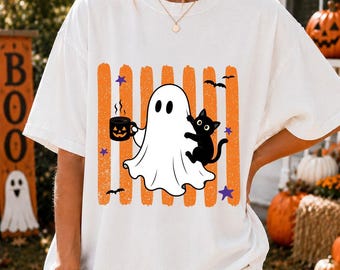 Retro Ghost Black Cat Halloween Shirt, Funny Halloween Shirt, Preppy Striped Halloween Shirt, Spooky Season Shirt, Pumpkin Season Tee
