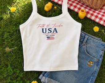 Embroidered Faith & Freedom Spaghetti Strap Tank, Independence Day Y2K Baby Tee,USA America 250th anniversary, America's Semiquincentennial