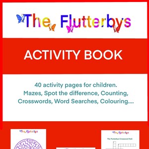 Pode incluir: Um livro de atividades para crianças intitulado "The Flutterbys" com fundo vermelho. Apresenta labirintos, encontre as diferenças, contagem, palavras cruzadas, caça-palavras e páginas para colorir. A capa exibe "ACTIVITY BOOK" e o título "The Flutterbys".