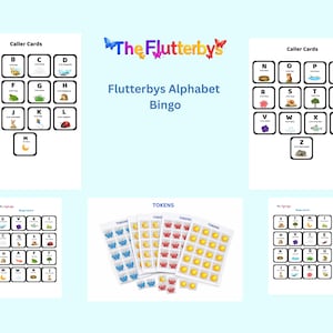 Pode incluir: Jogo de bingo do alfabeto da The Flutterbys, com cartelas e fichas. As cartelas exibem as letras A-Z com imagens correspondentes. As fichas apresentam desenhos de borboletas, carinhas sorridentes e joaninhas. Jogo educativo.