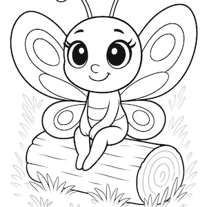May include: A black and white illustration of a cartoon butterfly with large eyes and antennae, sitting on a log. The butterfly has detailed wings and is surrounded by grass.