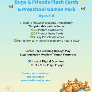 Pode incluir: Gráfico de download digital para um pacote de jogos pré-escolares intitulado "Flutterby Meadow Bugs & Friends Flash Cards". O design apresenta borboletas, uma ilustração de ponte e texto indicando que o pacote inclui cartões flash e jogos para crianças de 3 a 6 anos.
