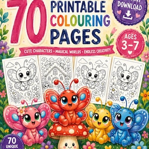 Peut inclure: Une collection numérique de 70 pages de coloriage imprimables intitulée Flutterbys, avec des illustrations de papillons et de mondes magiques pour les 3-7 ans. La couverture montre quatre papillons de dessin animé colorés et du texte sur les fichiers PDF.