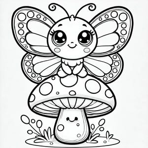 May include: Black and white illustration of a cartoon butterfly with large eyes, sitting atop a mushroom with white spots. The butterfly has detailed wings and antennae. The mushroom has a smiling face.