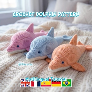 Patrón de amigurumi de delfín a crochet en PDF / Peluche de amigurumi de animal marino / Tutorial multilingüe