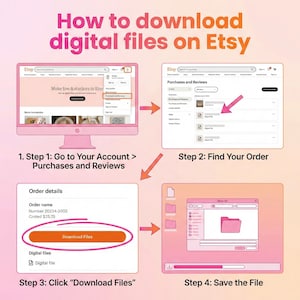 May include: A pink graphic with instructions on how to download digital files on Etsy. The steps include going to your account, finding your order, clicking "Download Files," and saving the file. The text is in white and pink.