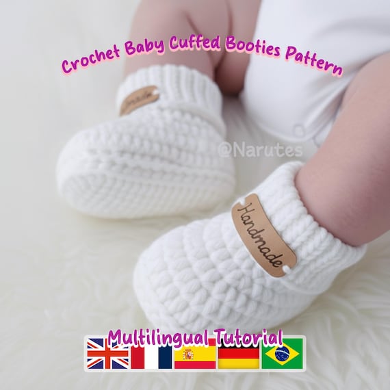 Crochet Baby Booties Pattern PDF | Cuffed Design | 4 Sizes | Multilingual Tutorial