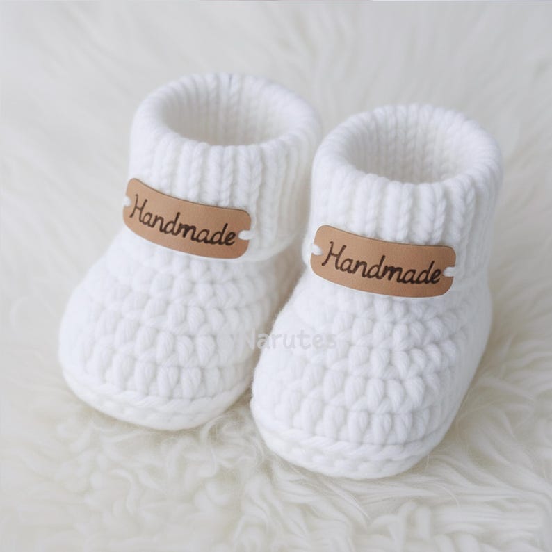 May include: A pair of handmade white crochet baby booties. Each bootie has a brown leather tag that reads "Handmade". The booties are made of a thick, textured yarn and have a ribbed cuff.