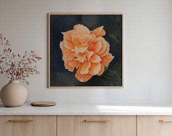 Quadratisches Wandbild „Pfirsichfarbener Doppelhibiskus“ | Stimmungsvoller tropischer Pflanzendruck | Florida-Küstenmotiv | Florale Kunst