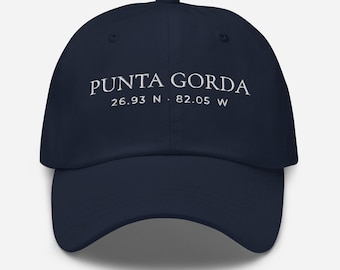 Punta Gorda Hut, bestickter Küstenhut, Hut mit den Koordinaten von Punta Gorda, Florida, Geschenkidee für Südwestflorida, Dad-Hut, Lifestyle am Wasser