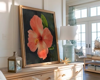 Quadratisches Wandbild „Koralle-Hibiskus“ | Stimmungsvoller tropischer Pflanzendruck | Küstenmotiv Floridas | Florale Kunst