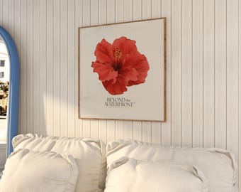 Wandbild mit rotem Hibiskus | Tropischer Pflanzendruck | Blumendeko aus Florida | Küstenkunst