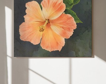 Quadratisches Wandbild mit Pfirsich-Hibiskus-Motiv | Stimmungsvoller tropischer Pflanzendruck | Florida-Küsten-Dekoration | Florale Kunst