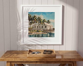 Kunstdruck eines Matlacha-Cottages am Wasser | Aquarell-Küstenkunst aus dem alten Florida