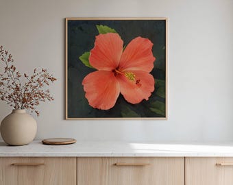 Quadratisches Wandbild „Koralle-Hibiskus“ | Stimmungsvoller botanischer Druck | Tropische Blumendekoration | Küstenkunst Floridas