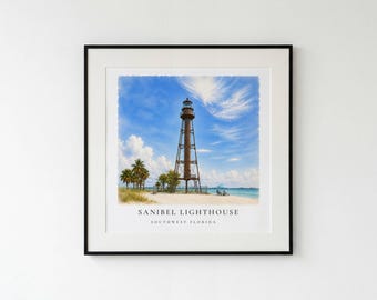 Wandbild mit Leuchtturm von Sanibel, Aquarell aus Südwestflorida, Küsten- und Stranddeko, Druck von Sanibel Island