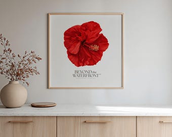 Botanischer Druck mit rotem Hibiskus | Tropische Blumenkunst für die Wand | Küstendeko Floridas | Kunstdruck mit Hibiskus