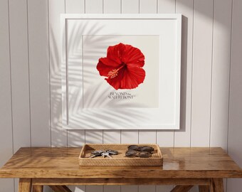 Botanischer Druck mit rotem Hibiskus | Tropische Blumenwandkunst | Küstendeko Floridas | Elegante florale Kunst