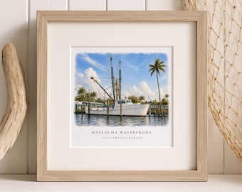 Wandbild „Matlacha Waterfront“, Küstenmotiv aus dem alten Florida, Aquarell eines Garnelenboots, Dekoration für Südwestflorida