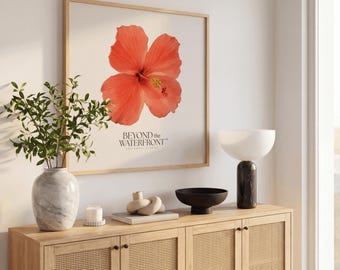 Wandbild mit Hibiskusblüten in zarter Korallenfarbe | Tropischer Pflanzendruck | Küstenmotiv Floridas | Aquarell-Blumenkunst