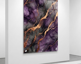 Ametista Fumê da Brzk. Studios | Linda obra de arte em acrílico com efeito geodo em tons de roxo escuro e dourado, decoração de luxo com pedras preciosas abstratas, design moderno e sofisticado.