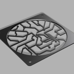 May include: A black computer fan grill featuring a circuit board pattern. The square grill has rounded corners and a circular central cutout. The circuit board design is rendered in shades of grey and black.