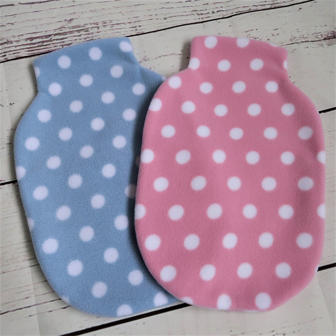 Fleece Hot Water Bottle Cover Pale Blue or Pale Pink With White Spots
