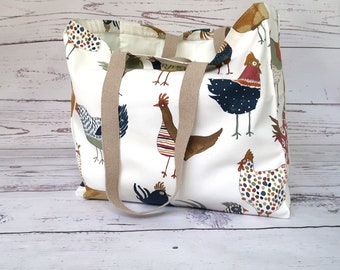Cotton Tote Bag Lined, Hen Print Beach Bag