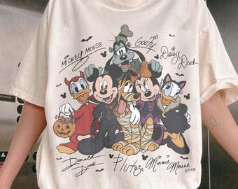 Mickey And Friends Halloween Signatures Comfort Colors Shirt, Vintage Disney Family Matching Trip Tee , Retro Not So Scary Party 2026 Outfit
