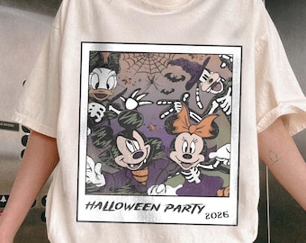 Koszulka z motywem szkieletu Myszki Miki i przyjaciół w kolorach komfortu, koszulka z retro szkicem Disneya na Halloween, niezbyt straszna impreza Halloween 2026, prezent dla rodziny z wycieczki do WDW