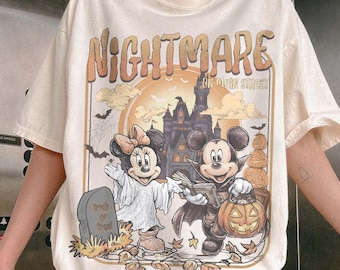 Koszulka vintage z Myszką Miki i Minnie z Koszmarem na Głównej Ulicy w Kolorach Comfort, Koszulka „Cukierek albo psikus”, Wycieczka Disneya na Halloween 2026, Prezent dla rodziny