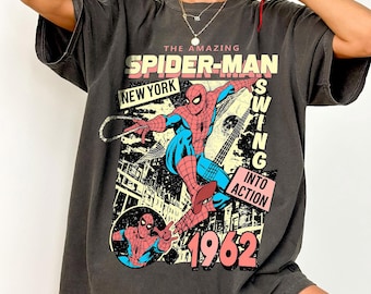 Koszulka Comfort Colors Amazing Spider-Man, koszulka z okładką komiksów Marvela w stylu retro, grafika vintage Spider-Man, strój na rodzinną wycieczkę Disneya w 2026 roku