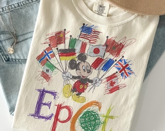 Koszulka dziecięca Comfort Colors z flagami Myszki Miki, koszulka z dziecięcym rysunkiem Epcot World Tour, prezent na rodzinne wakacje w stylu retro Disney World Showcase 2026