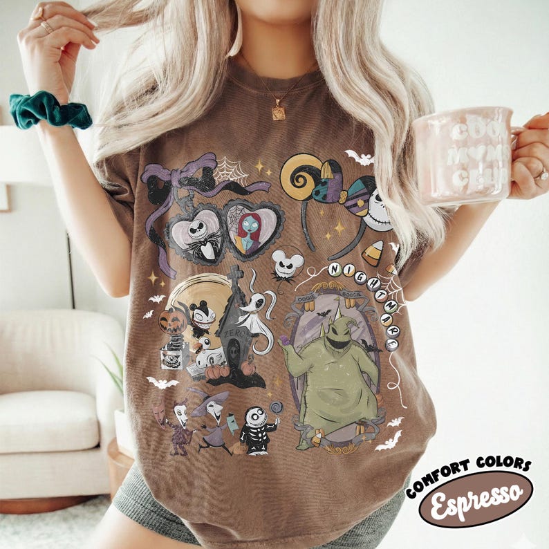 Coquette Disney Nightmare Before Christmas Comfort Colors Shirt, Retro Jack Skellington Sally Tee, Oogie Boogie Bash Family Halloween Trip Espresso/Chocolate
