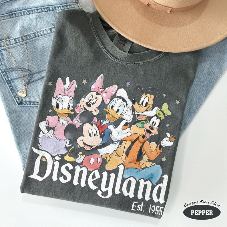 Pu&ograve; includere: Una t-shirt grigio antracite con una stampa grafica di Topolino, Minni, Paperino, Paperina e Pippo. Il testo Disneyland Est. 1955 &egrave; stampato in bianco sotto i personaggi. Piccole stelle colorate sono sparse attorno al disegno.
