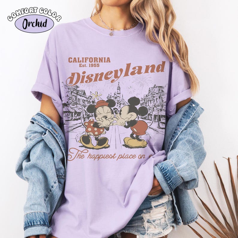 Retro Disneyland Est 1955 Comfort Colors Shirt, Vintage Mickey Minnie Mouse California Tee, Disney Couple Matching Family Vacation Gift Orchid