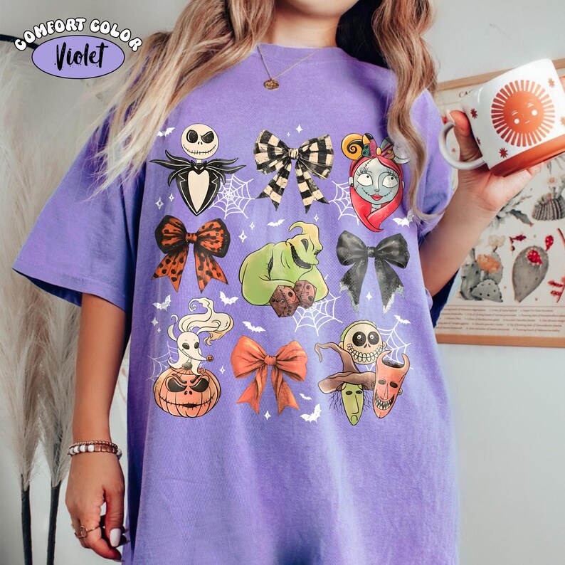 Coquette Bow Nightmare Before Christmas Comfort Colors Shirt, Retro Jack Skellington Oogie Boogie Bash Halloween Tee, Disneyland Family Trip Violet