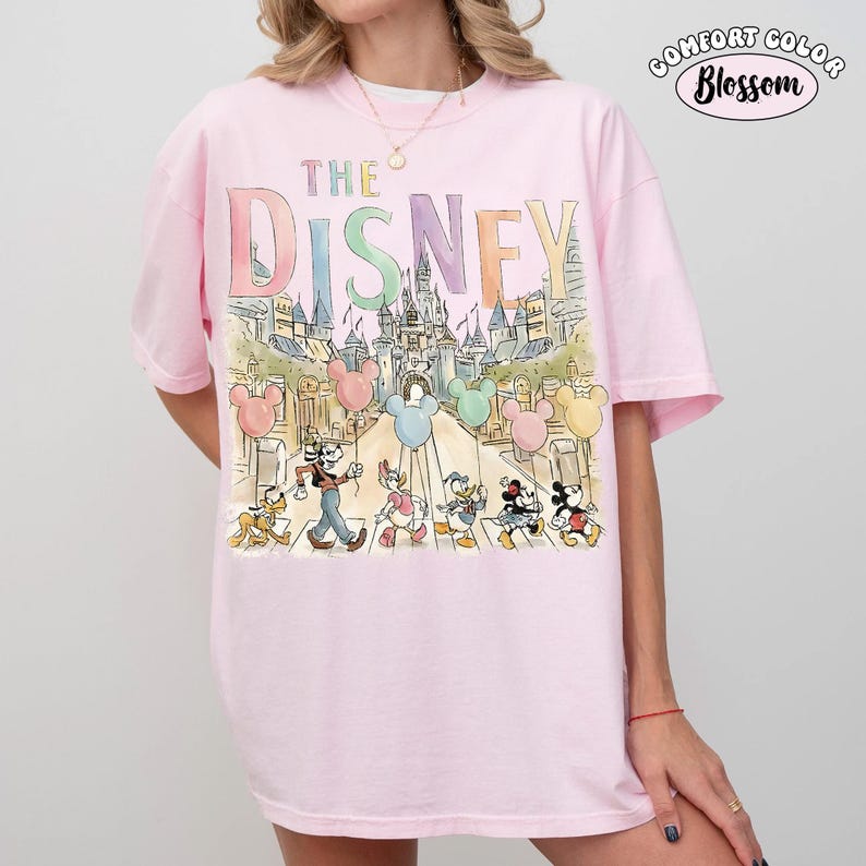Pu&ograve; includere: T-shirt rosa chiaro con una grafica colorata con la scritta "THE DISNEY" sopra una scena del castello e personaggi Disney. La maglietta ha anche le parole "COMFORT COLOR Blossom" in un cerchio.