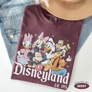 Pu&ograve; includere: Una t-shirt color bacca con una stampa grafica di Topolino, Minni, Paperino, Paperina e Pippo. Il testo Disneyland Est. 1955 &egrave; stampato sotto i personaggi. La t-shirt ha un girocollo e maniche corte.