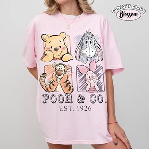 May include: Pink t-shirt featuring a graphic of Winnie the Pooh, Eeyore, Tigger, and Piglet in individual squares. The text "POOH & CO. EST. 1926" is printed below the characters. The shirt has short sleeves and a crew neck.