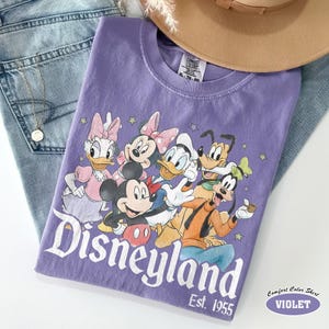 Pu&ograve; includere: Una t-shirt viola a maniche corte con una stampa grafica di Mickey Mouse, Minnie Mouse, Donald Duck, Daisy Duck, Goofy e Pluto. Il testo "Disneyland" e "Est. 1955" &egrave; stampato in bianco sotto i personaggi. La maglietta ha un'etichetta Comfort Colors.