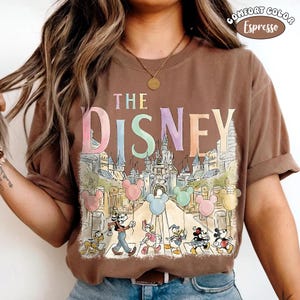 Pu&ograve; includere: T-shirt marrone con grafica Disney colorata. Il design presenta la scritta "DISNEY" in colori pastello sopra un'illustrazione di un castello e personaggi Disney, tra cui Topolino e Minnie, Pippo, Paperino e Paperina.