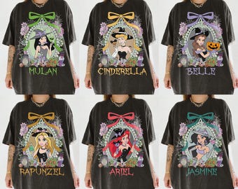 Koszulka z nadrukiem „Coquette Disney Princess” w kolorach Comfort Colors, koszulka z motywem Halloween, upiorna czarownica Ariel Kopciuszek Bella, prezent dla rodziny na wakacje w Magic Kingdom