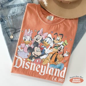 Pu&ograve; includere: Una t-shirt color arancione bruciato con una stampa grafica di Mickey Mouse, Minnie Mouse, Donald Duck, Daisy Duck, Goofy e Pluto. Il testo Disneyland Est. 1955 &egrave; stampato in bianco sotto i personaggi. La t-shirt ha un'etichetta Comfort Colors.